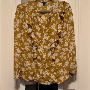 Ann Taylor Mustard Floral Ruffle V-Neck Blouse